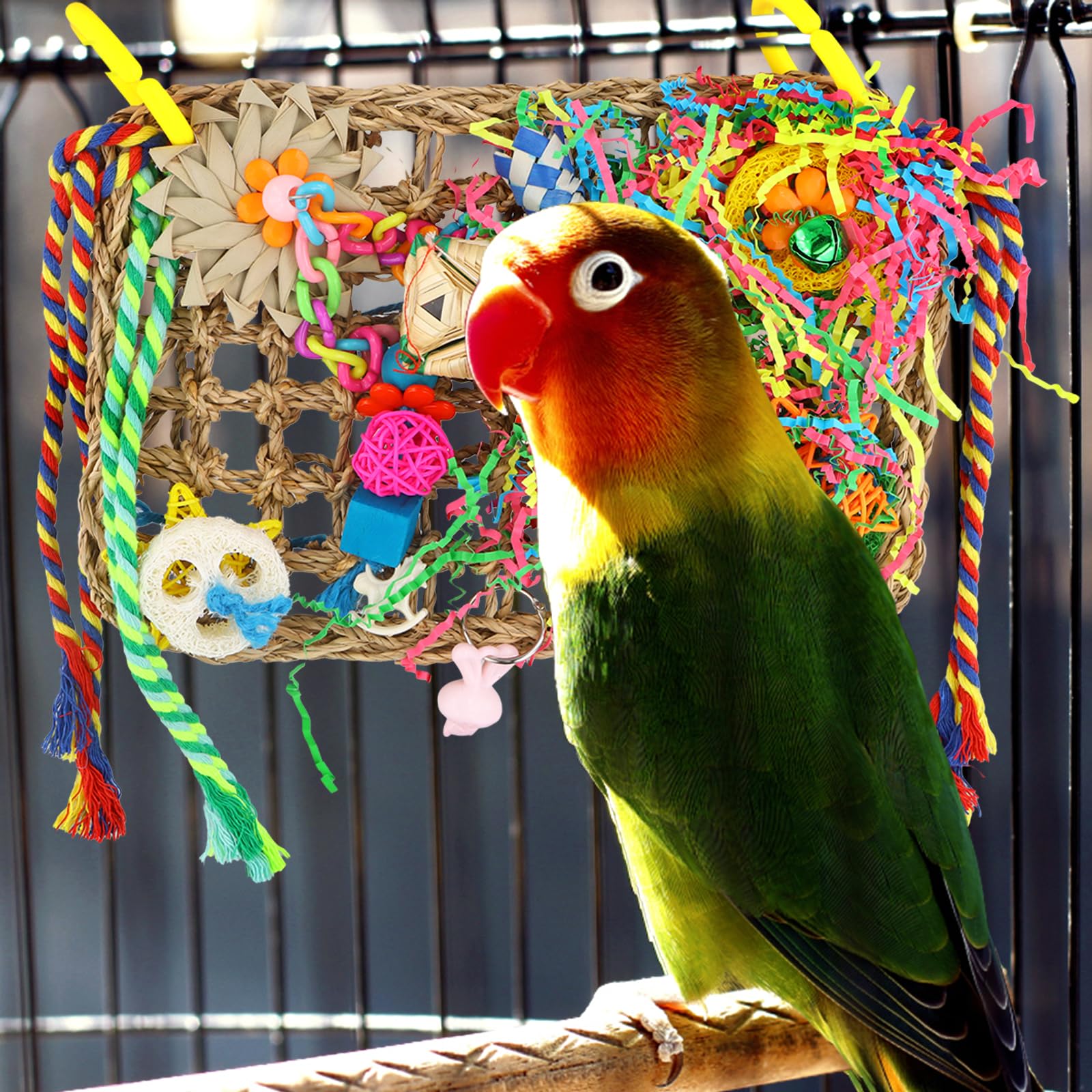 Duronge Bird Toys Bird Foraging Toys Cockatiel Toys Hanging Bird Toys Bird Seagrass Foraging Wall with Colorful Toys for Birds Cage Toy accessories for Parakeet Parrot Cockatiel Conure Lovebird - Image 2
