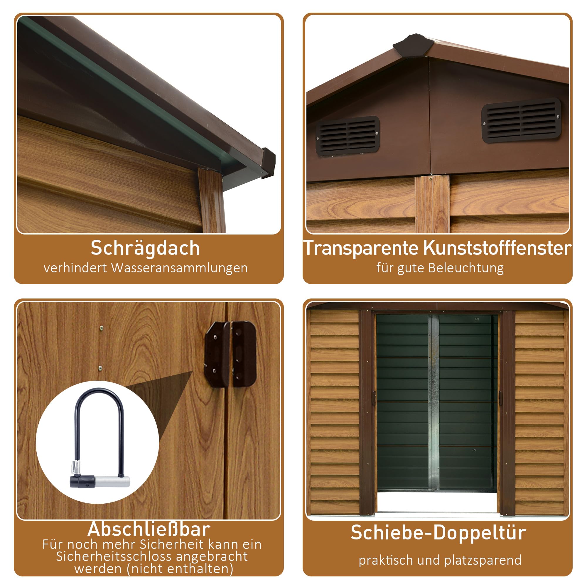 Outsunny Gartenschuppen Geräteschuppen Gerätehaus Gartenhaus mit Fenster, Schiebetüren, wetterfest Gartenhütte mit Holzoptik Stahl Braun 152 x 235,7 x 208,7 cm