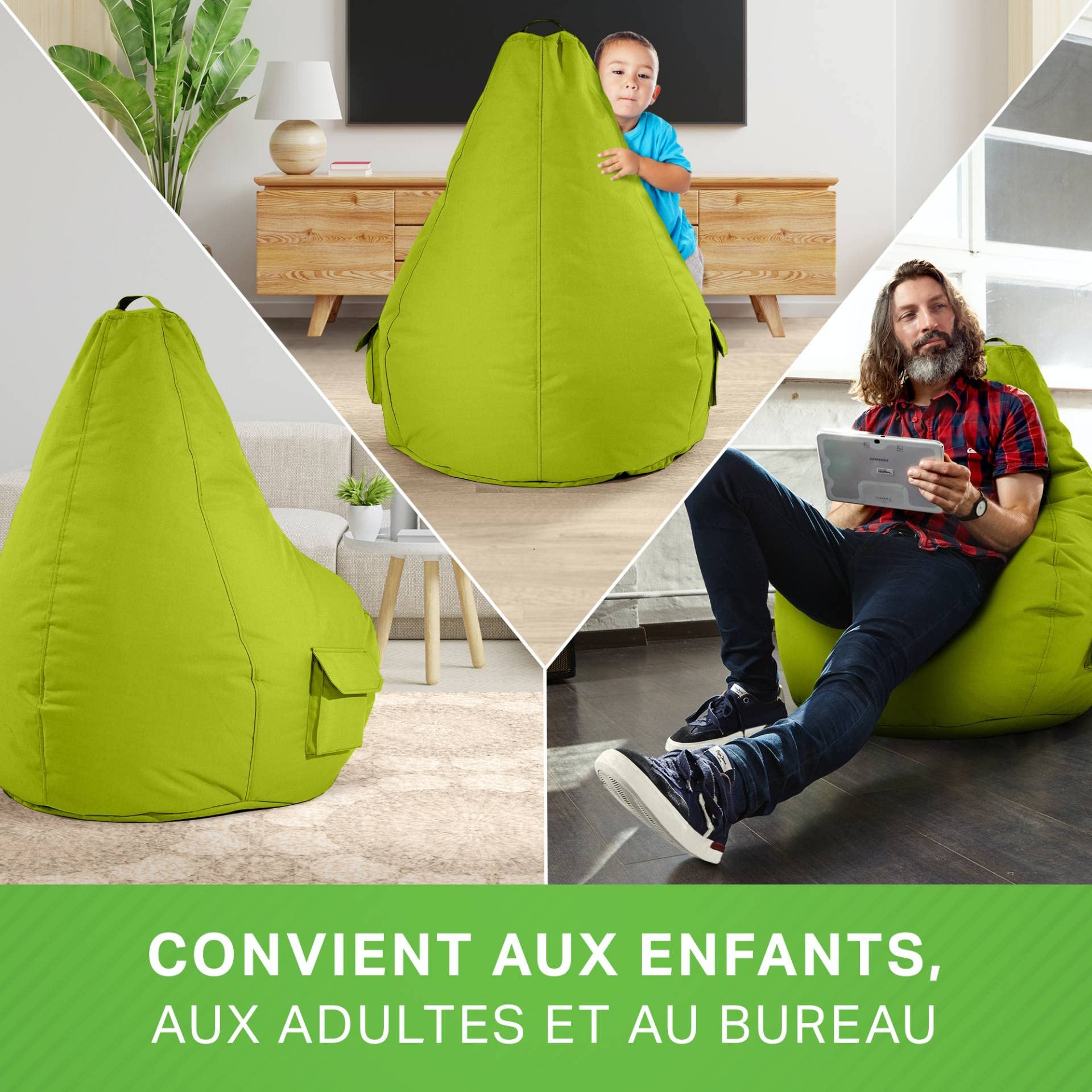 Green Bean© Pouf avec Dossier 80x70x90cm - Gaming Chair avec Remplissage 230L Doux Moelleux Lavable - Bean Bag Coussin de Sol Lounge Chair TABOURETS Fauteuil Relax Gamer Siège de Gaming Vert