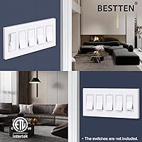Vista 2 de BESTTEN Placa de pared sin tornillos de 5 segmentos, cubierta de enchufe decorador, placa decorativa para interruptor, serie blanca nieve brillante