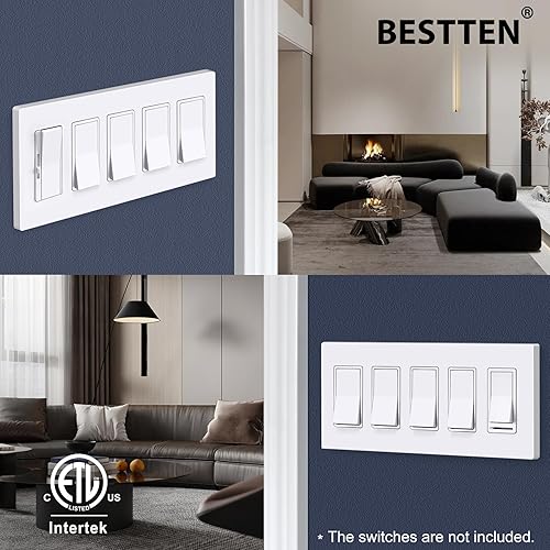 Miniatura 2 de BESTTEN Placa de pared sin tornillos de 5 segmentos, cubierta de enchufe decorador, placa decorativa para interruptor, serie blanca nieve brillante