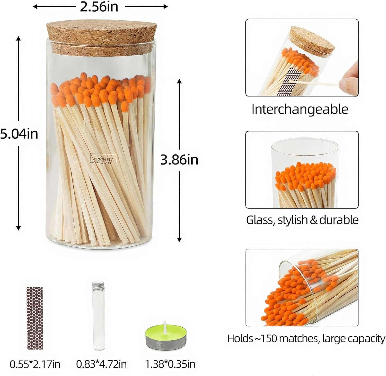 MEYA COLORED SAFETY MATCHES | 4-INCH LONG MATCHES IN GLASS JAR | PERFECT FOR CANDLES | 150 PIECES | INCLUDES 10 COLORFUL CANDLES & BONUS EMPTY JAR (ORANGE)