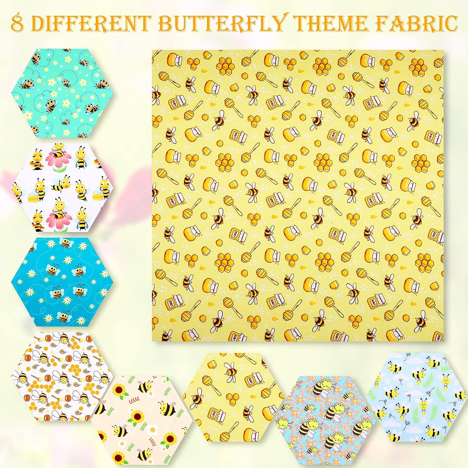 16 Pieces Bee Fabric Honey Bee Pattern Fabric Fat Quarters Theme Quilting Flower Printed Craft Bundles for DIY Sewing Quilting Crafts 20 x 20 Inch