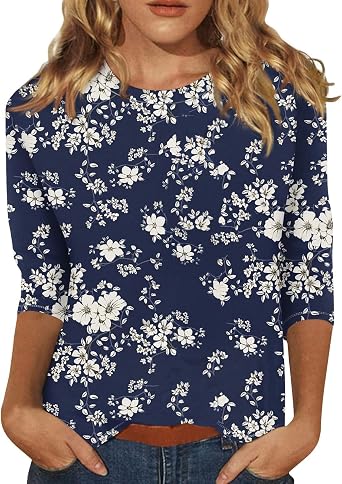 Womens Casual Tops 3/4 Sleeve Cute Floral Print Tshirt Three Quarter Sleeve Tops 2025 Plus Size Tee Tunic Blouses