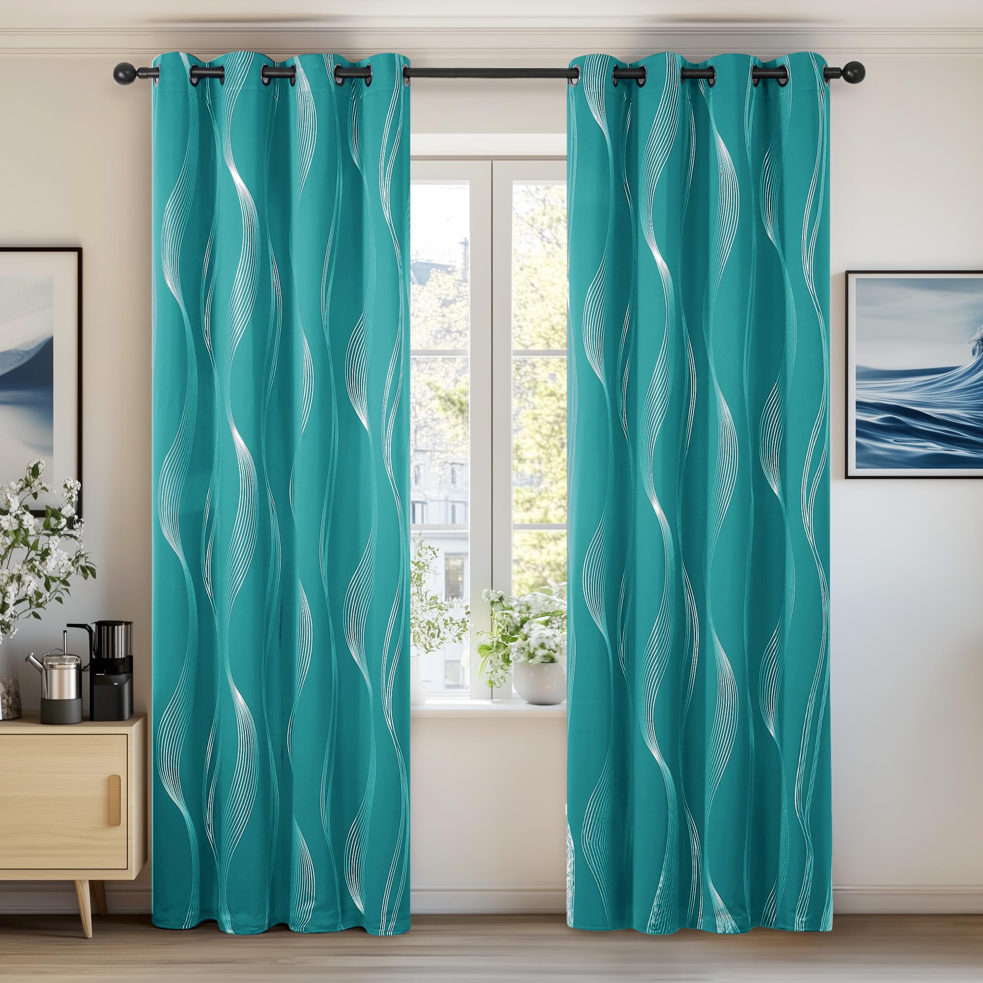 Deconovo Turquoise Eyelet Curtains Silver Wave Line Foil Printed Blackout Curtains Thermal Insulated Eyelet Curtains For Living Room 52 X 63 Inch 2 Panels