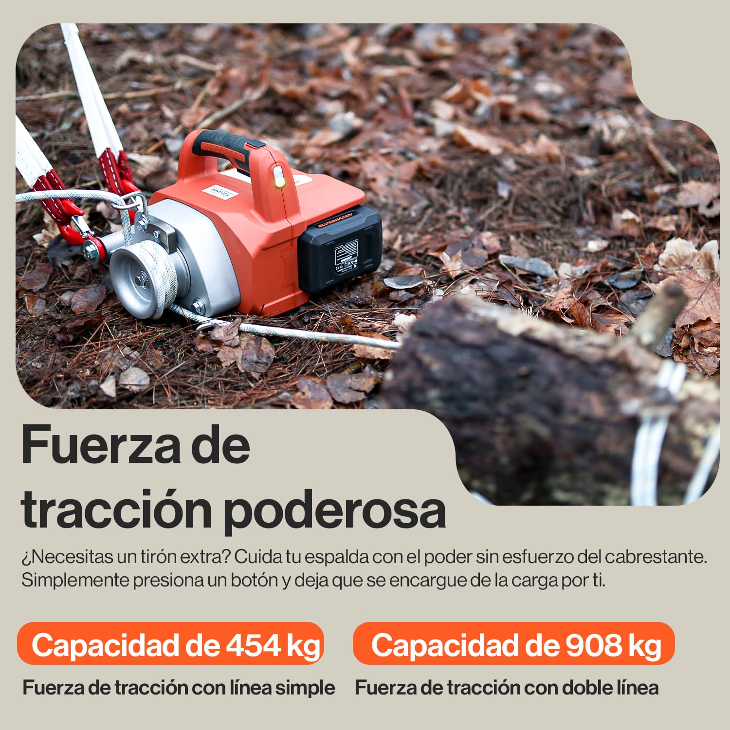 SuperHandy Cabrestante Eléctrico Portátil Cabrestante Polipasto Motor sin escobillas Li-Ion Batería 454kg-908kg Max Fuerza de tracción para la silvicultura Caza(Low Stretch Cuerda Incluido)
