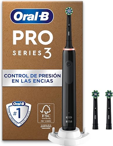 Oral-B Pro 3 Cepillo de Dientes Eléctrico con 3 Cabezales, Negro - Mango Recargable, 3 Modos de Cepillado con Modo Sensible, Temporizador, Diseñado por Braun, Regalos Originales para Mujer Y Hombre