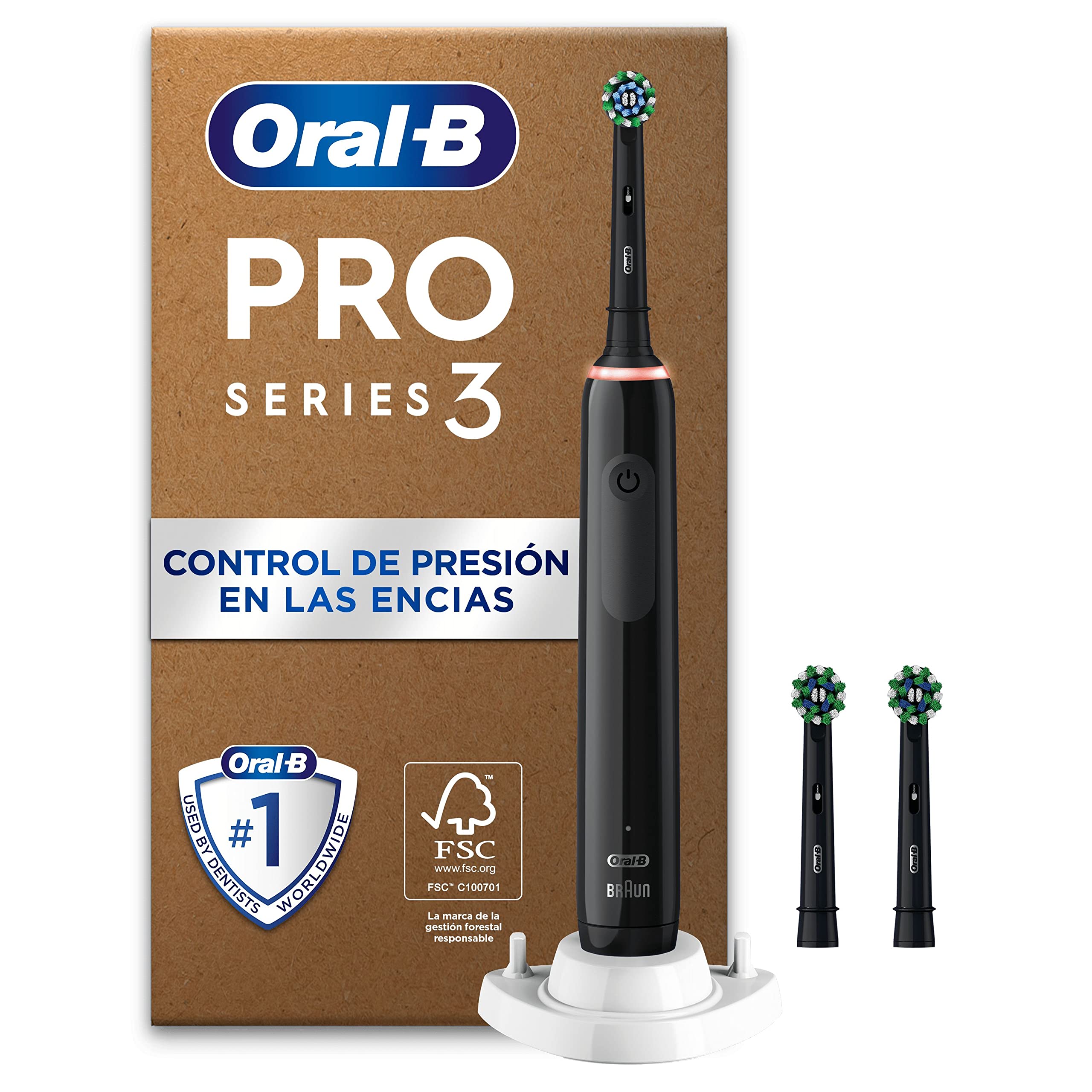 Oral-B Pro 3 Cepillo de Dientes Eléctrico Negro con Mango Recargable y 3 Cabezales, 3 Modos De Cepillado Con Modo Sensible, Temporizador, Diseñado por Braun, Regalos Originales para Mujer y Hombre