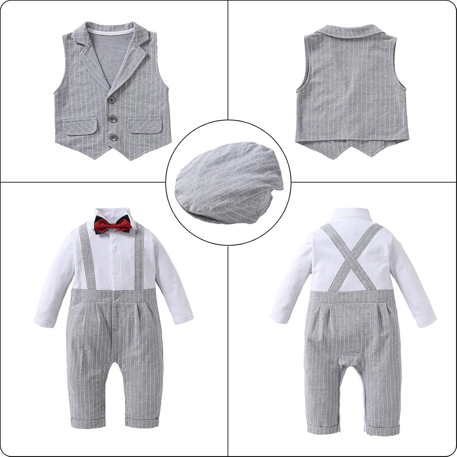 Miniatura 4 de Kgurtagh Trajes de traje para bebé niño, mameluco y chaleco y boina y pajarita (0-2T)