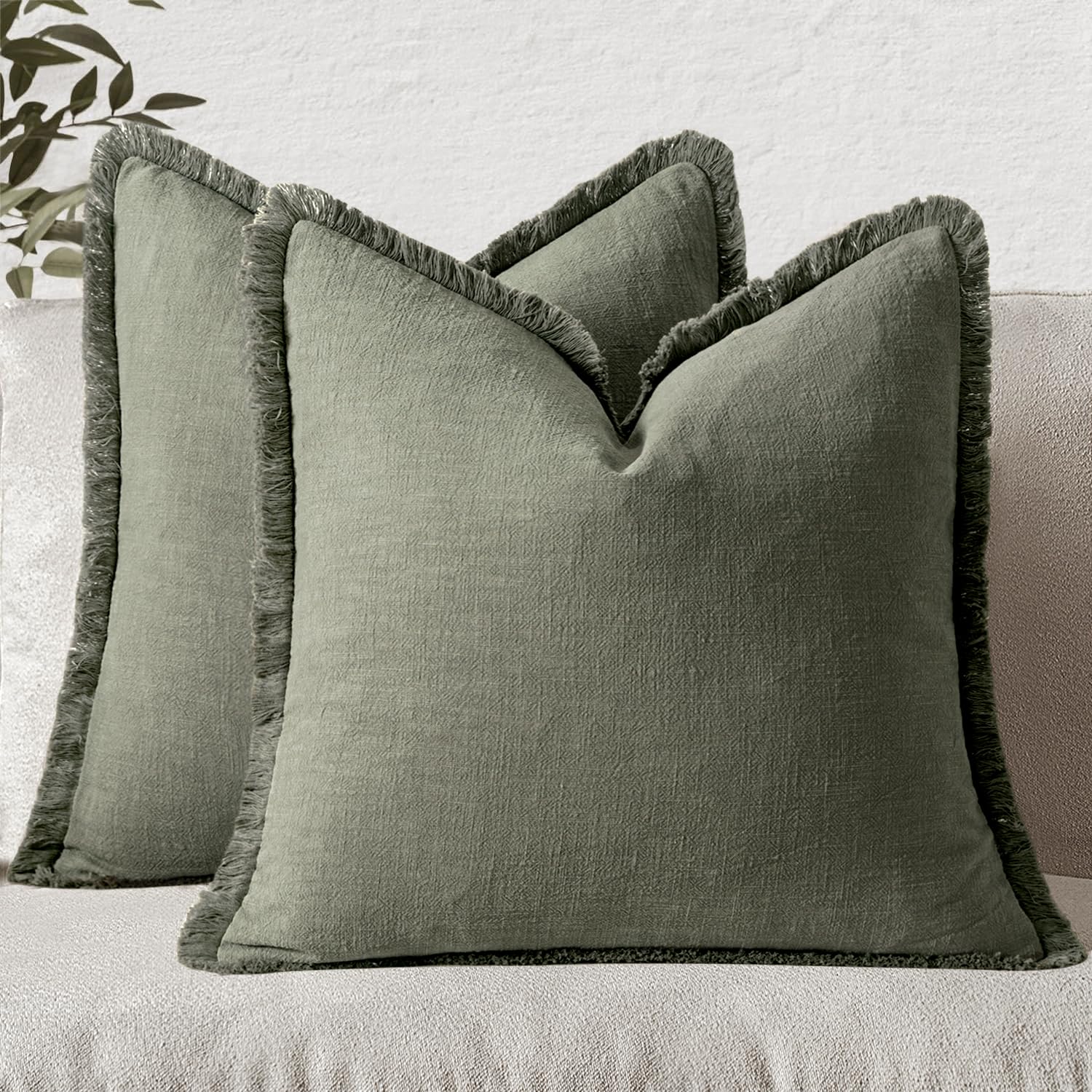MIULEE Decorative Throw Pillow Covers Neutral Linen Fringe Throw Pillows Set of 2 Light Olive Green Boho Farmhouse Cushion Covers for Couch Sofa Bed Living Room Spring Home Decor 18x18 Inch