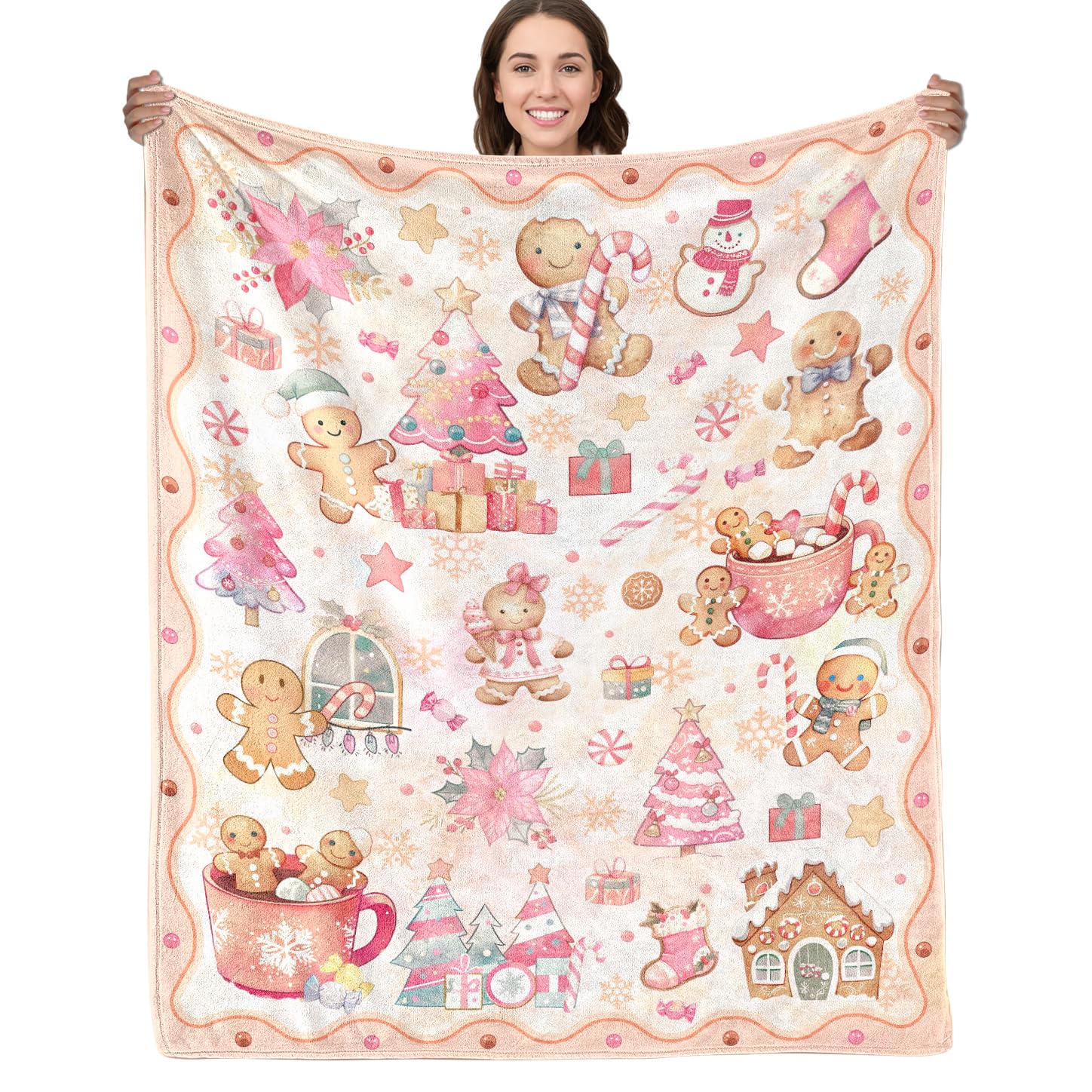 Shaeotek Christmas Blanket Flannel, Gingerbread Man Candy Soft Cozy Throw Blanket, 50x60 Inch Cartoon Pink Decoration for Sofa Bed
