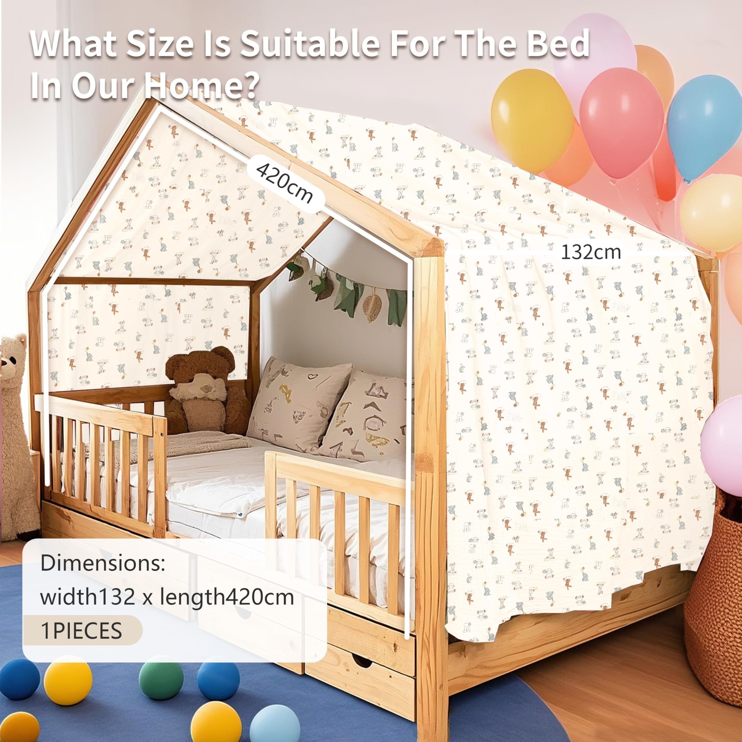 Home Bettbezug, handgefertigt aus 100% Baumwollmusselin, Stoffhimmel für die Bettdekoration zu Hause, geeignet für Jungen und Mädchen, für Kinder (132 x 420 cm, Tiere)