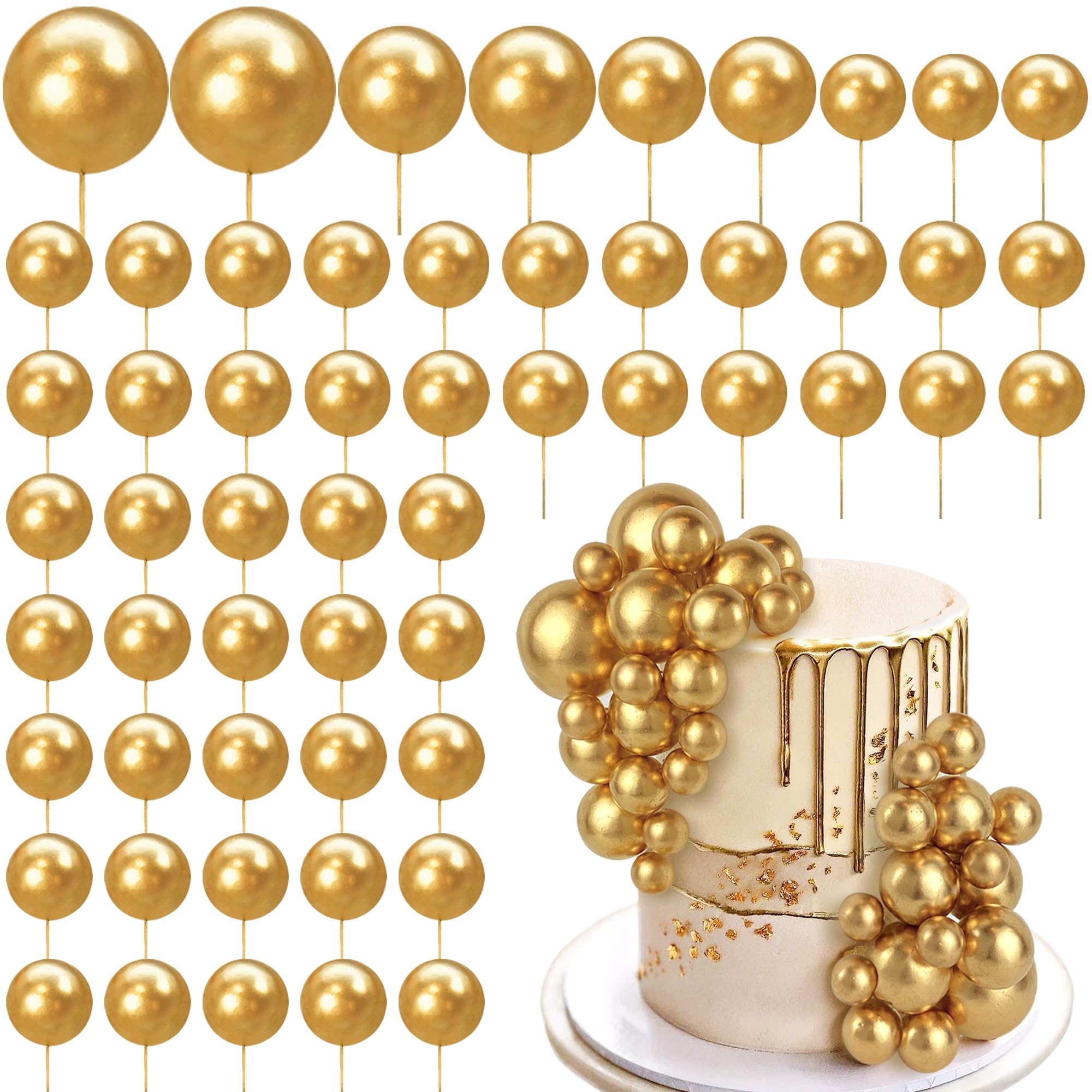 56 PCS Ball Cake Picks Gold 4 Sizes for DIY Baking Decoration Cupcake Toppers and Wedding Anniversary Birthday