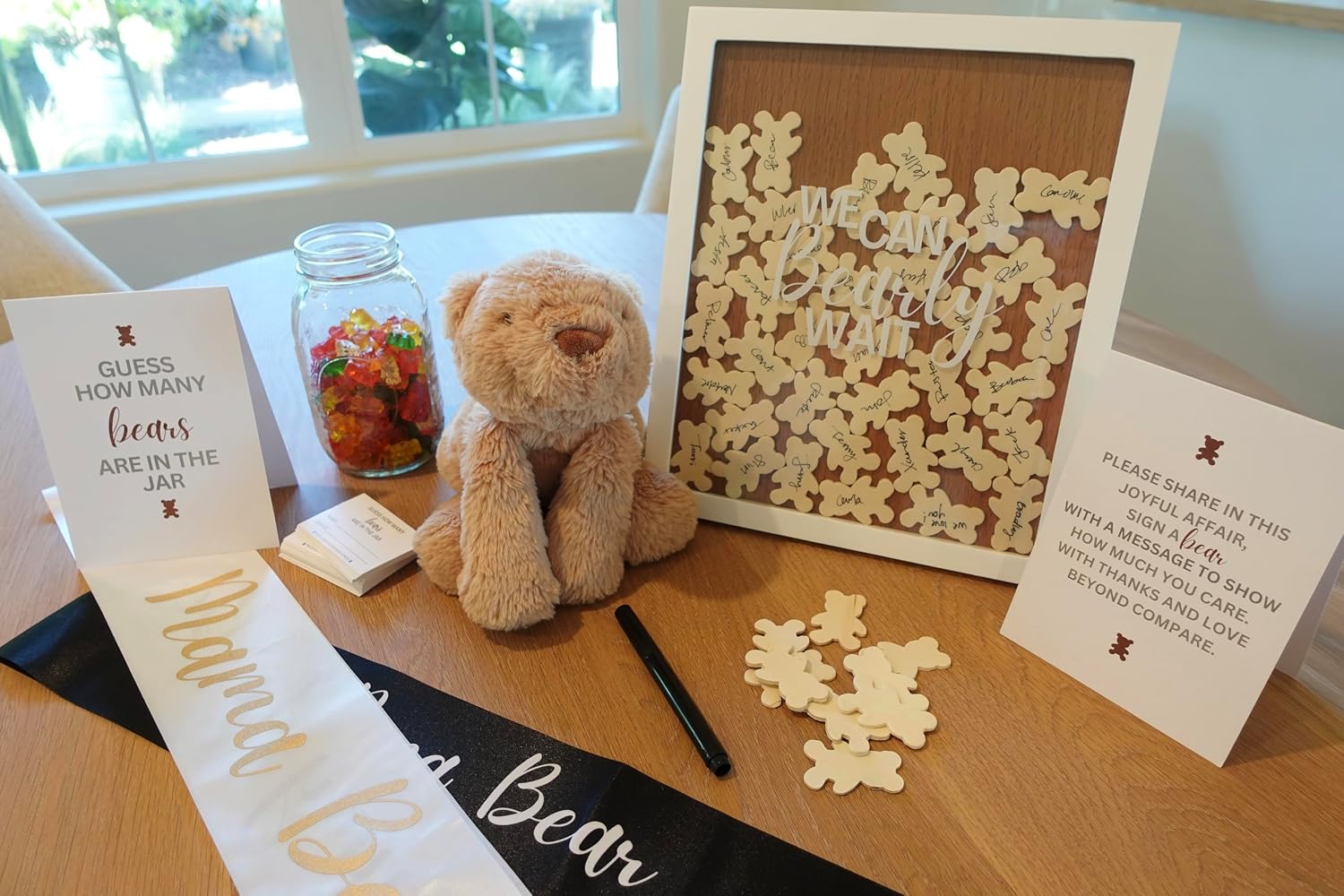 Baby Shower Guest Book Alternatives 109 Piece Set with Wooden Bears Mom Dad to Be Sashes Guessing Game - Unisex Gender Reveal and Pregnancy Announcement Decor - We Can Bearly Wait Decorations Keepsake