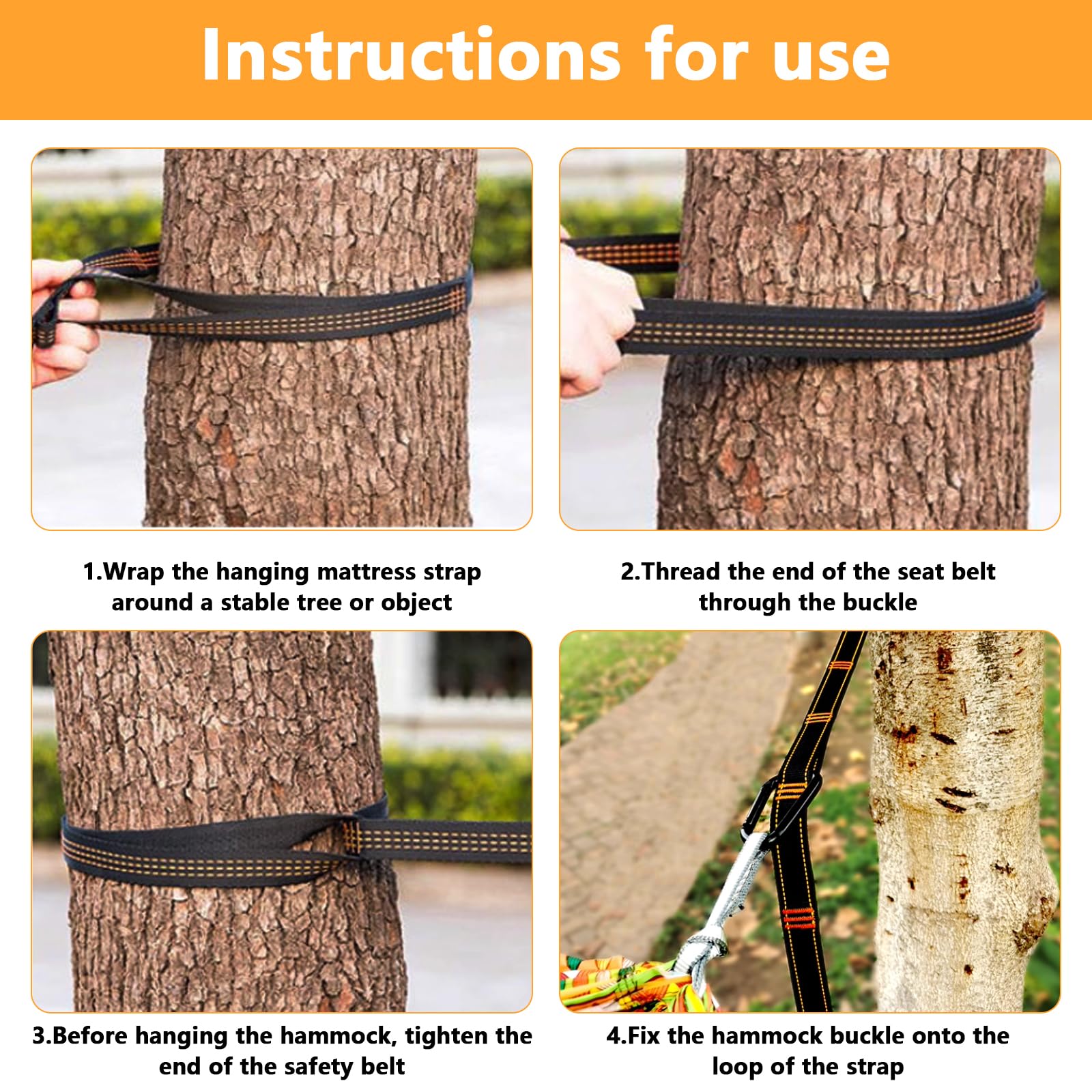 2 Piezas de árbol para Hamaca, Correas de suspensión para Columpio de 2,5 m, Kit de Correas de suspensión para Hamaca de Exterior para Silla Colgante de Camping + 3 mosquetones, máx. 200 kg