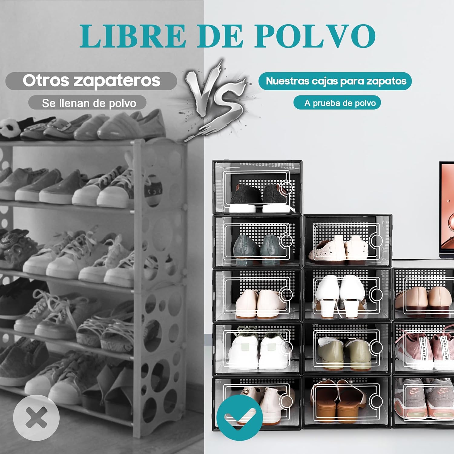 Kuject Large Shoe Organizers Storage Boxes for Closet, 12 Pack Clear Plastic Stackable Storage Bins with Lids, Under Bed Shoe Containers for Entryway, Drop Front, Fit up to Women's Size 10,Black