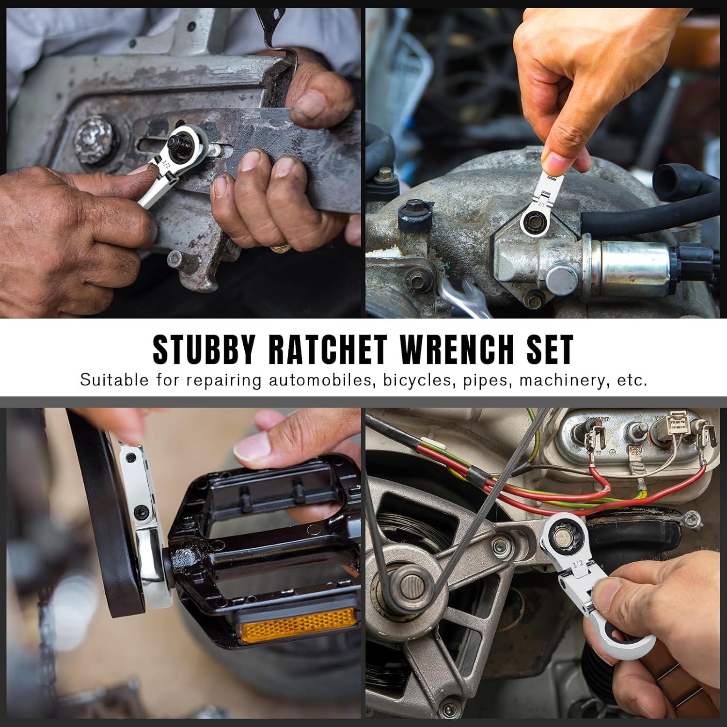 LOSCHEN 5-Piece Flex-Head Stubby Ratcheting Combination Wrench Set, Mini Double Box End, SAE 1/4 3/8 5/16 7/16 1/2 9/16 11/16 5/8 3/4 13/16, 72-Teeth, CR-V Steel