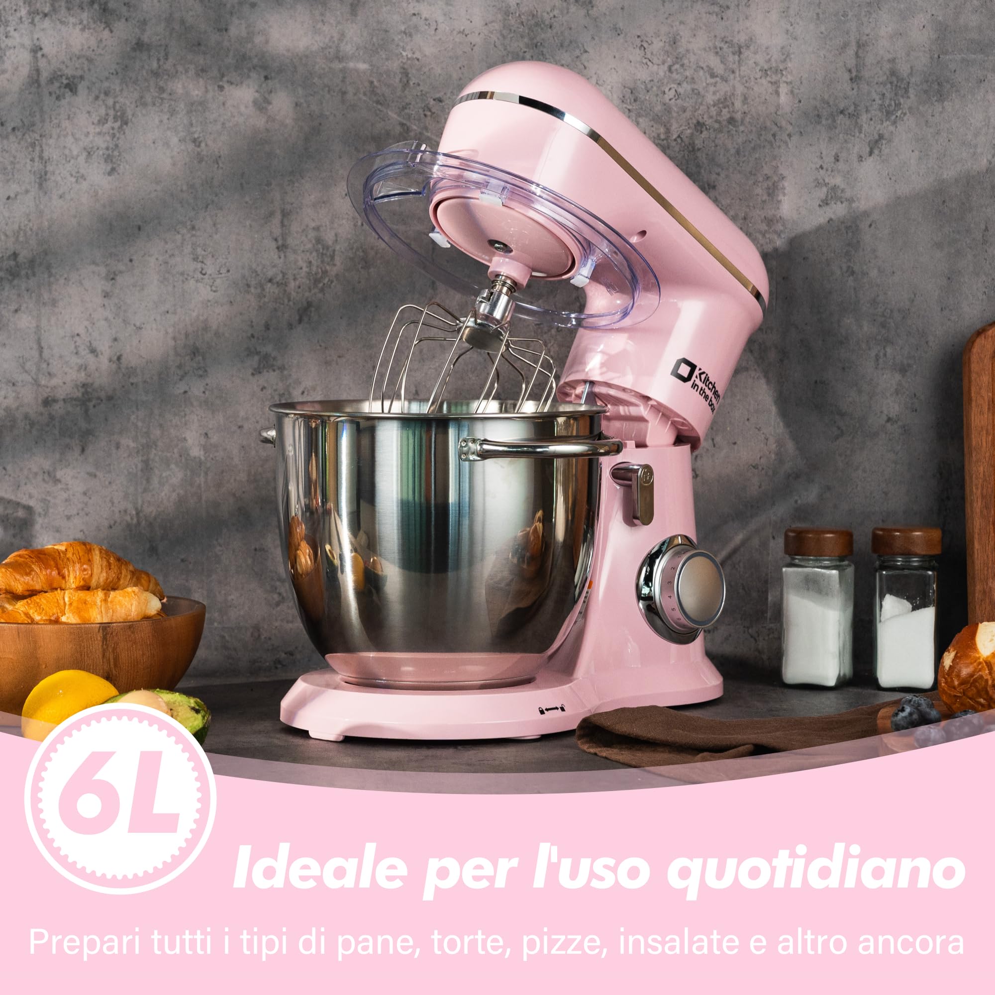 Kitchen in the box Impastatrice Planetaria, 6L Planetaria Professionale 1400W, 10 Velocità con Uncino Impastatore, Mescolatore e Frusta Sbattitrice (Rosa)