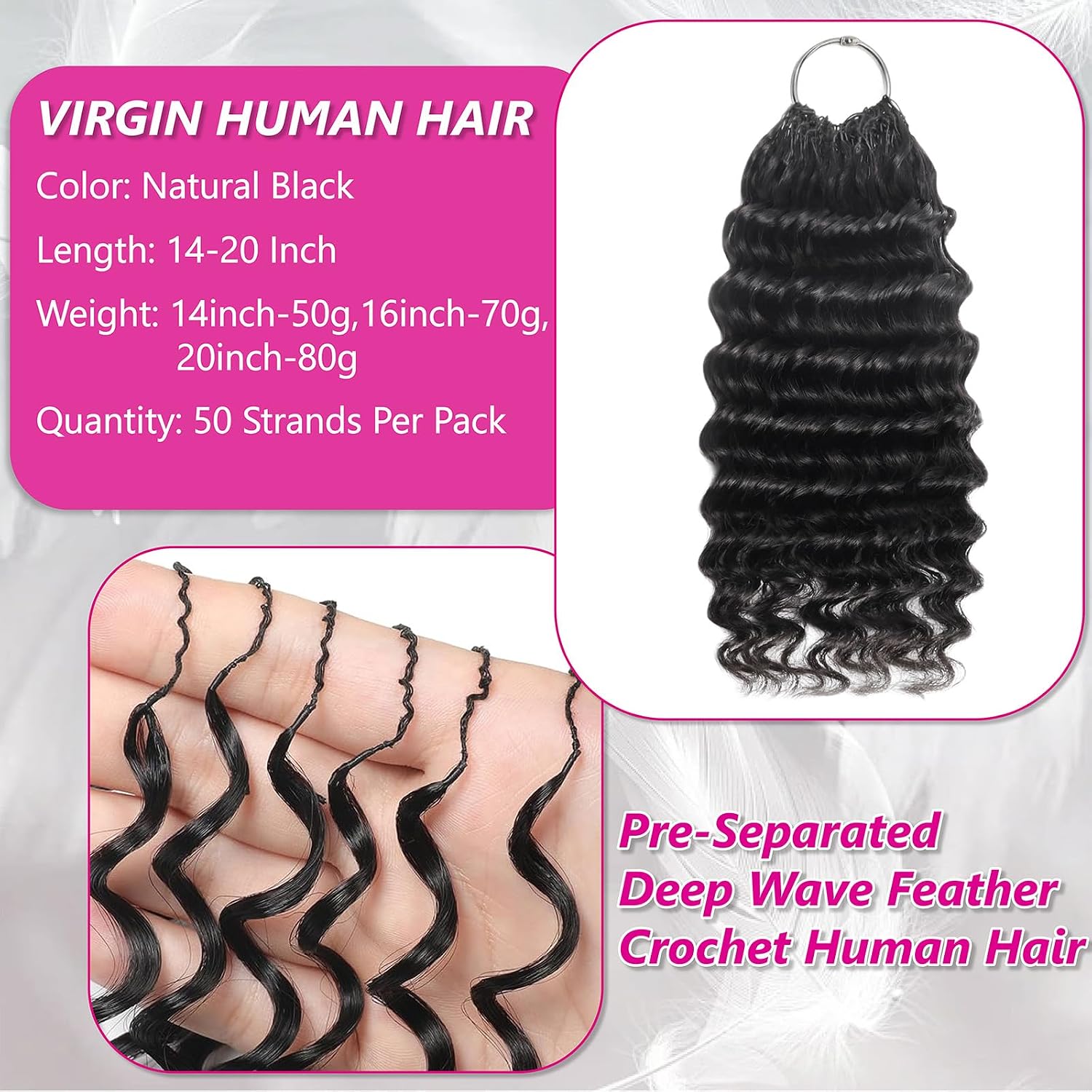 Pre-Separated Miracle Knots Crochet Human Hair 16 Inch 70g for Black Women Deep Wave Curly Miracle Knots Boho Braiding Hair Bundles Invisible Knotless Feather Crochet 100% Real Human Hair Extensions