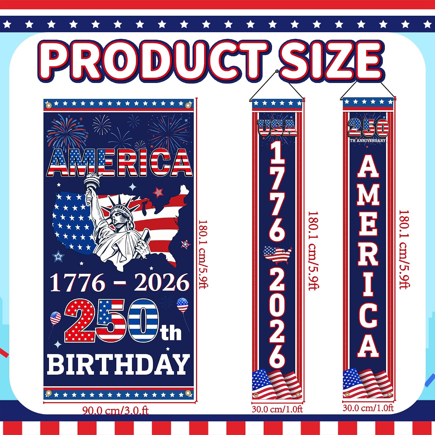 3 Pcs 250 Years of Freedom Decorations, 4th of July Decorations Outdoor, 250 Anniversary USA Banner, Patriotic Decorations Porch Banner, 250th Anniversary Door Cover for Independence Day Indoor Outdoor Decor