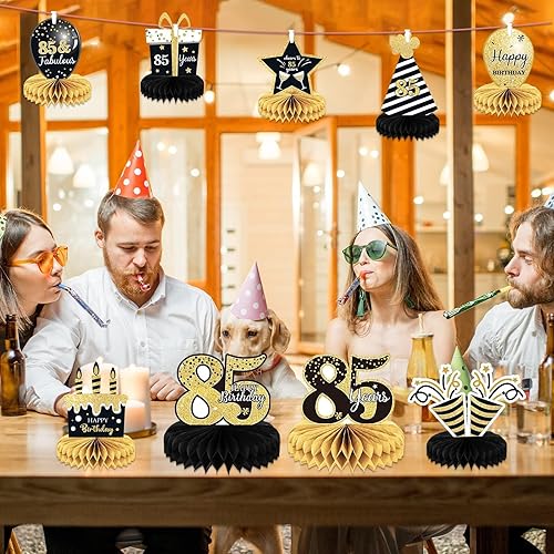 Miniatura 6 de 9 piezas de decoración de cumpleaños n.° 85, centros de mesa de cumpleaños 75 para decoración de mesas, decoraciones de nido de abeja a 85 años,