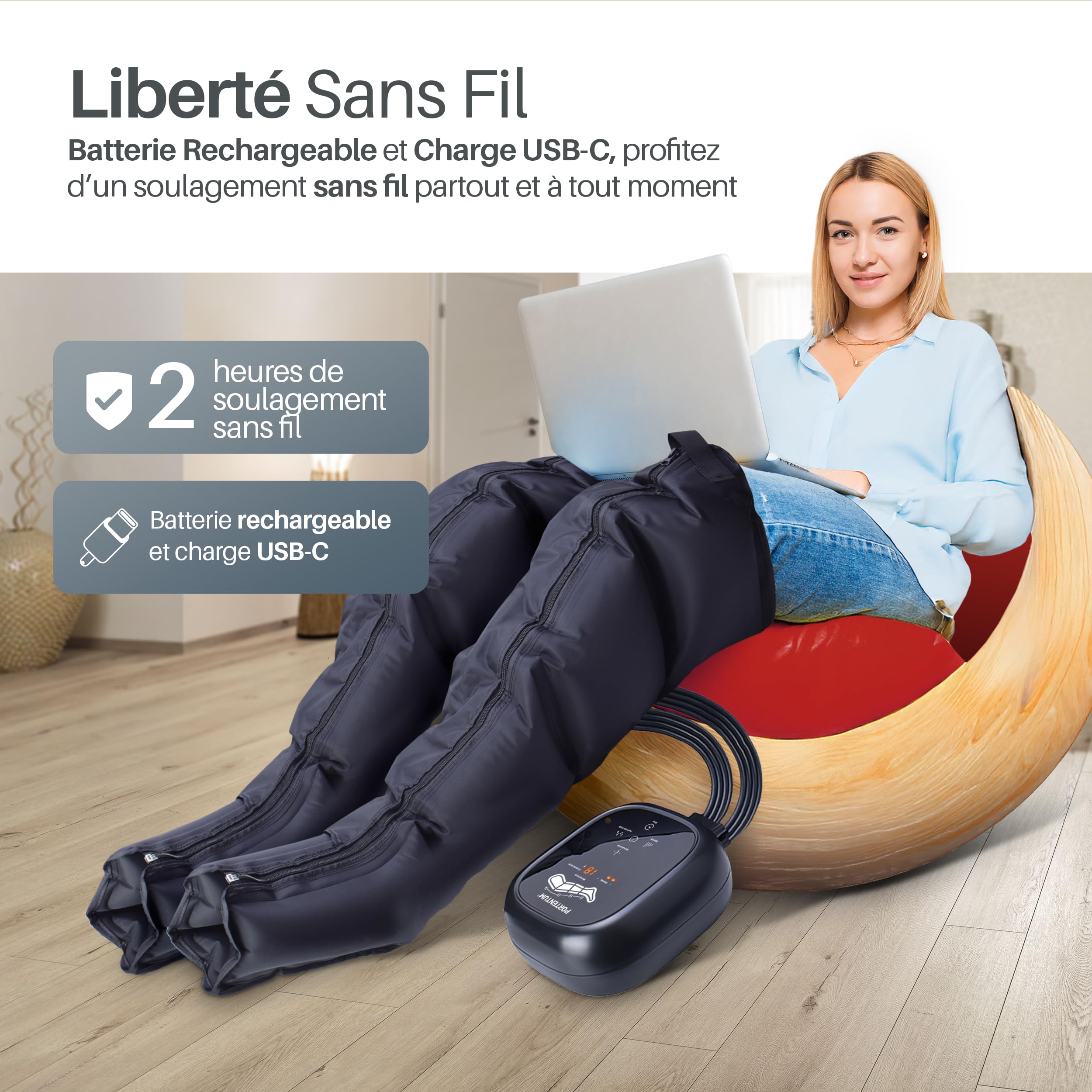 PORTENTUM bottes pressothérapie jambes avec batterie – 8 modes et 3 intensités – USB-C – Télécommande écran LCD – Avec accessoires pour bras et ceinture – Drainage lymphatique jambes – Sac inclus