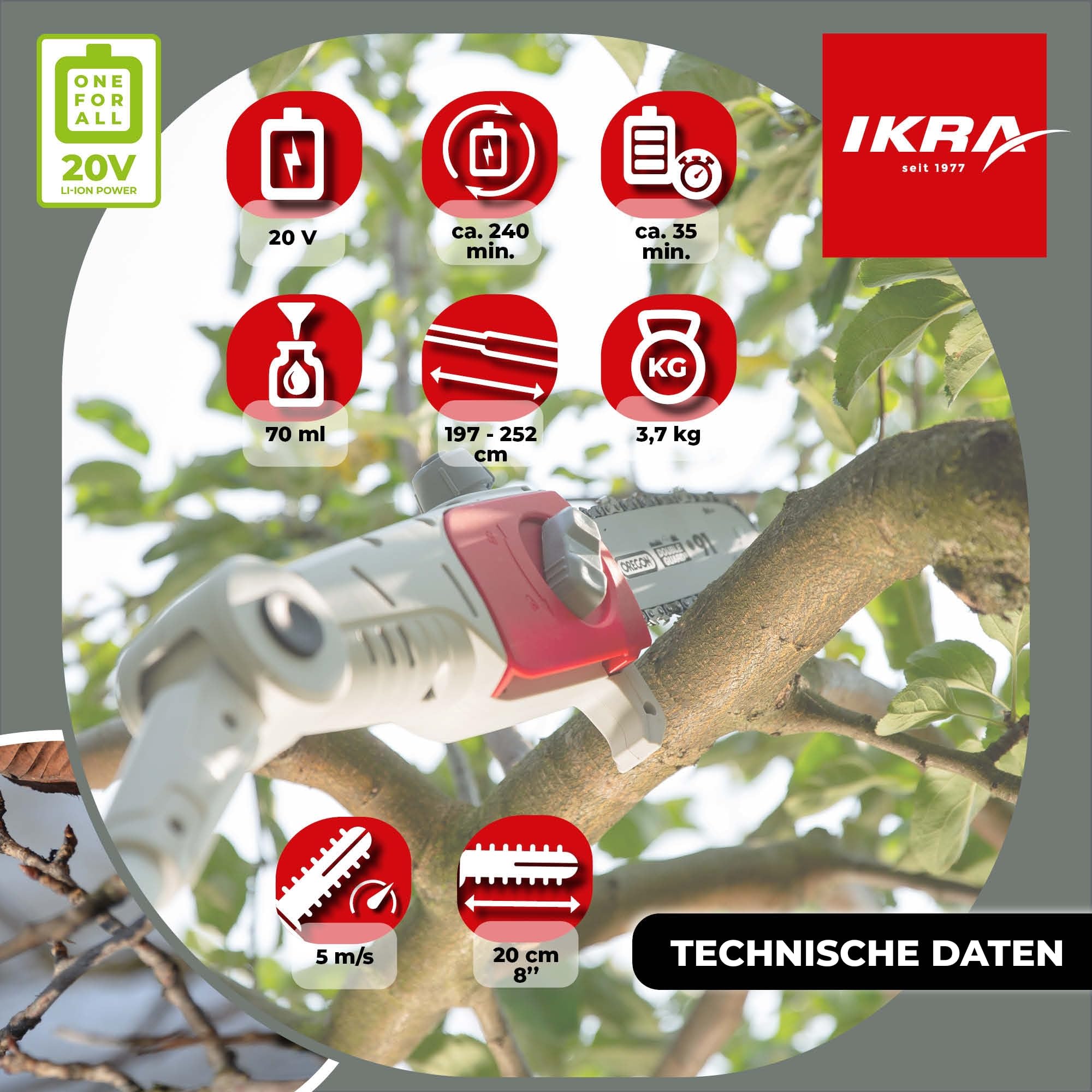 IKRA Teleskop Entaster ICPS 2020, inkl. Akku, Ladegerät & Schultergurt | Schwertlänge 20cm, teleskopierbar, Arbeitshöhe 4 Meter, leichtes Gerät, 180° drehbarer Handgriff, 20V-Akku-Familie von IKRA