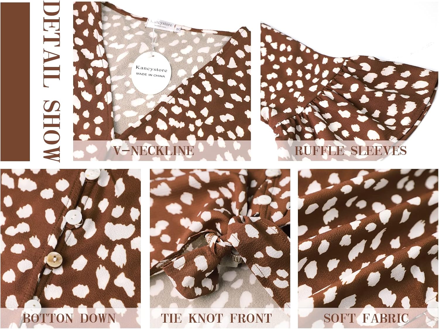 Kancystore Womens Button Down V Neck Tie Knot Front Tops 3/4 Sleeve Chiffon Casual Blouse Shirts - Image 3