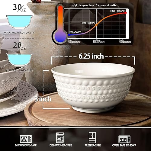 Miniatura 3 de Juego de 4 cuencos de cerámica para sopa de cocina de 30 onzas en relieve para arroz, pasta, frutas, ensalada, ramen, 6.25 pulgadas, aptos para