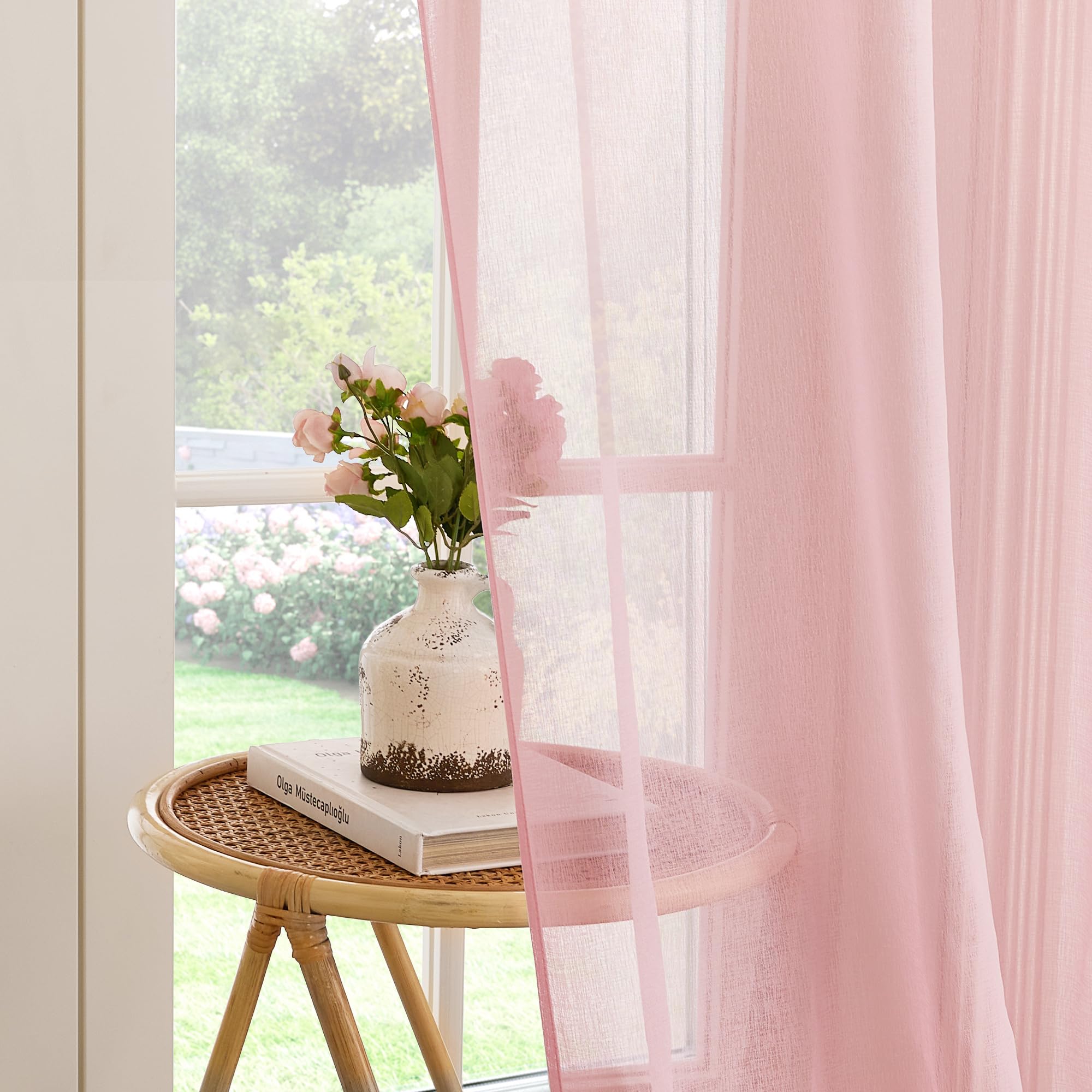 PONY DANCE Tende Trasparenti per Interni Voile Curtains Corte per Cucina Filtraggio Luce Morbida Tende per Salotto Moderne con Fettuccia 2 Pezzi L 140 x A 160 cm, Rosa Chiaro