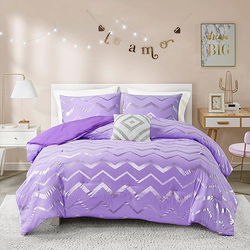 Miniatura 6 de Codi Ziggy - Juego de edredón morado metálico tamaño matrimonialqueen, juegos de ropa de cama para niñas adolescentes de 4 piezas (2 fundas a juego