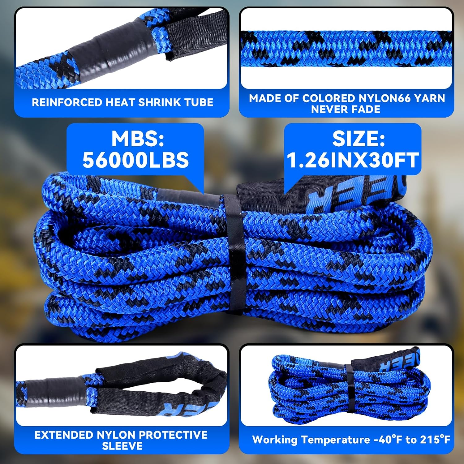 Kinetic Recovery Rope 1.26" x30ft Snatch Strap with Soft Shackles | 56000LBS Heavy Duty Stretch Nylon & Extreme Duty 35% Elasticity Energy Tow Rope for Trucks SUV UTV ATV Tractor Car, Blue