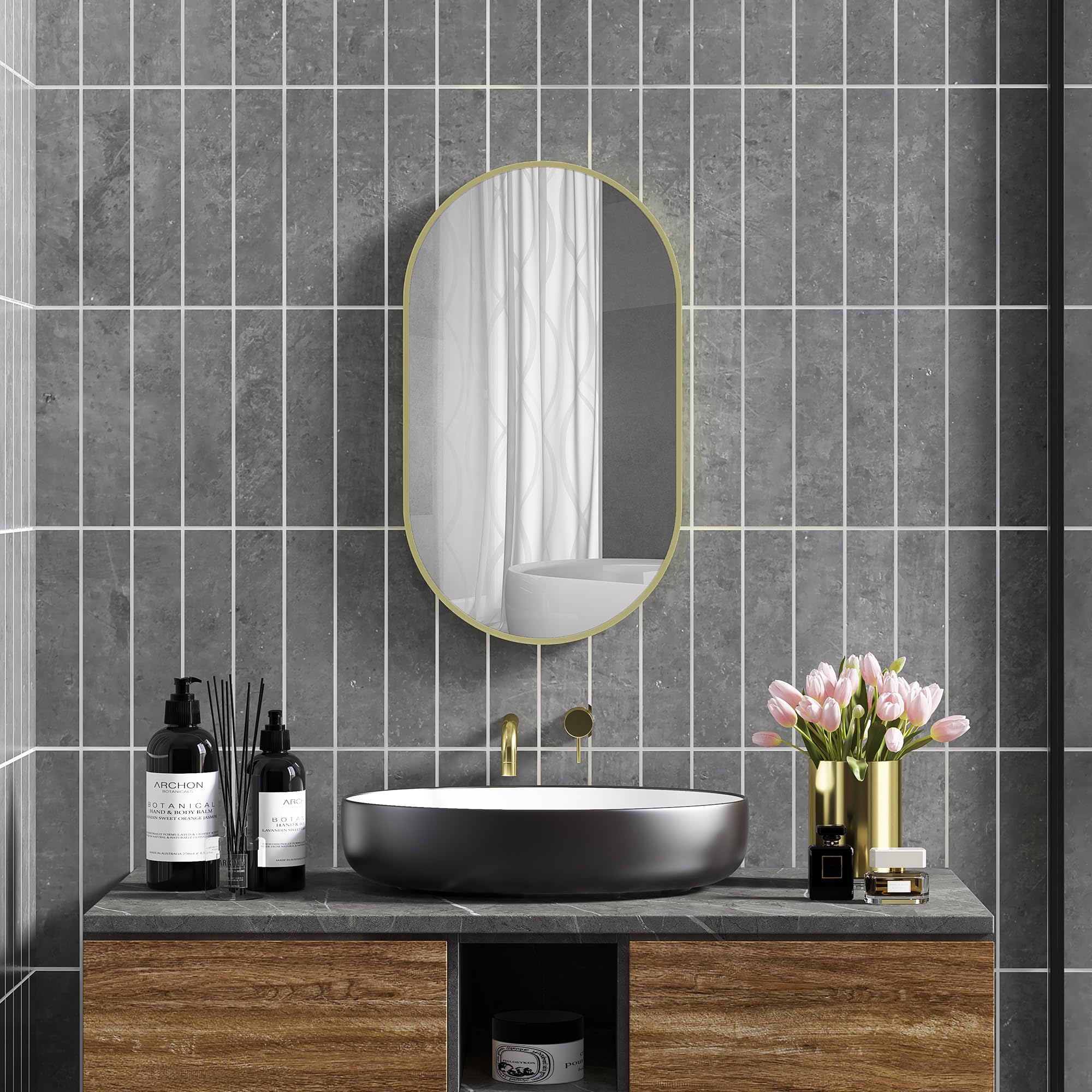 HOMCOM Espejo de Baño Ovalado 40x70 cm con Marco de Aluminio Espejo de Pared Decorativo Horizontal o Vertical para Salón Entrada Pasillo Dorado