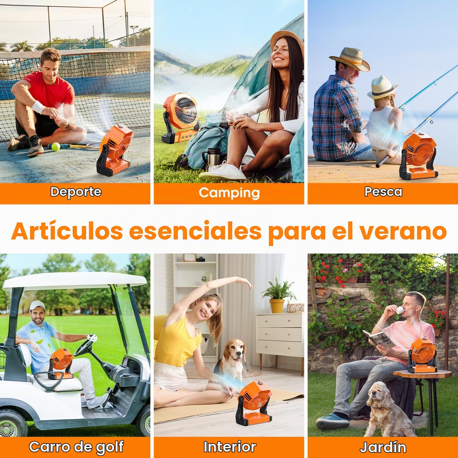 Ausic Ventilador de nebulización portátil, ventilador recargable para exteriores, luz LED, gancho, 35 horas