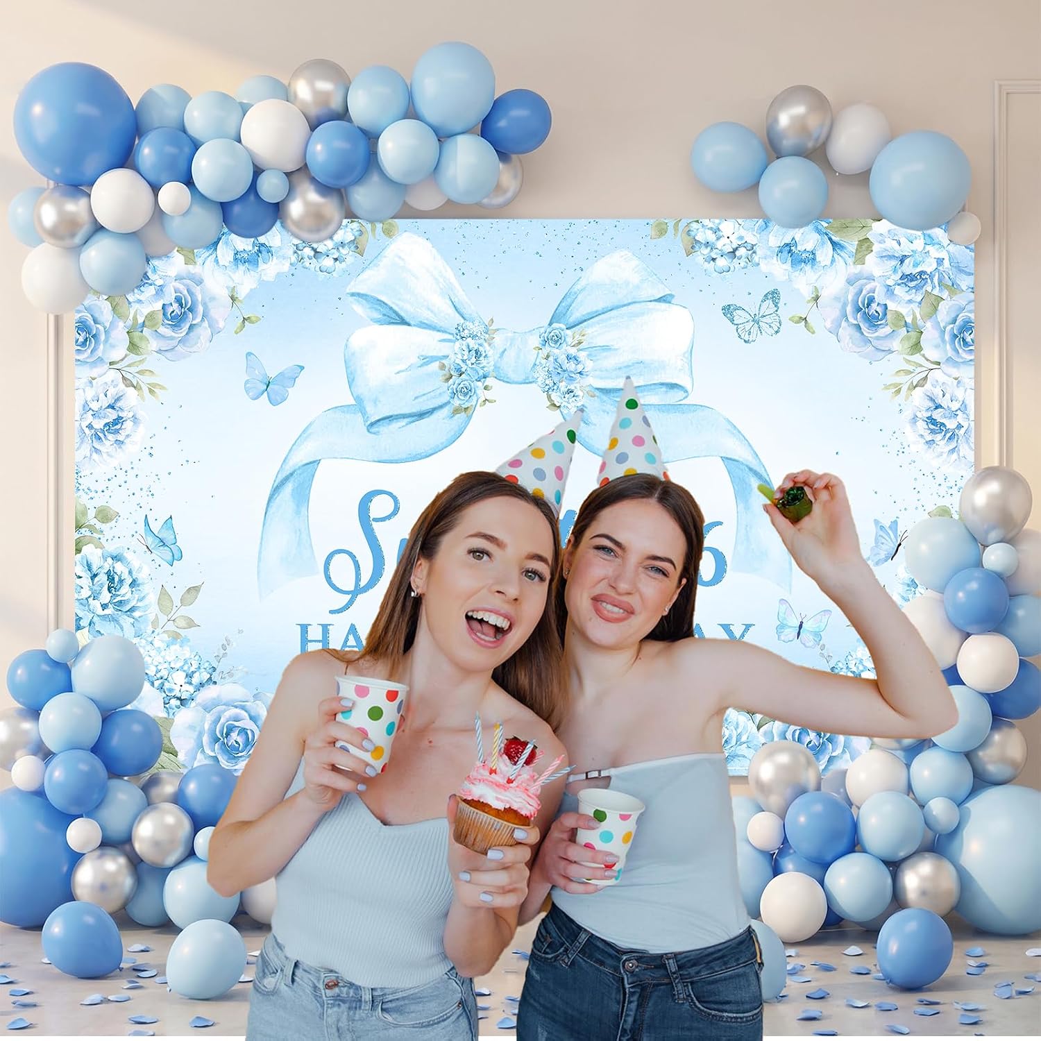 Avezano Sweet 16 Birthday Banner for Girls Blue Floral Bow Sweet 16 Birthday Decorations Sweet Sixteen Photo Background Girls 16th Birthday Backdrop Happy 16th Bday Party Supplies (Blue, 6 x 3.6 ft)
