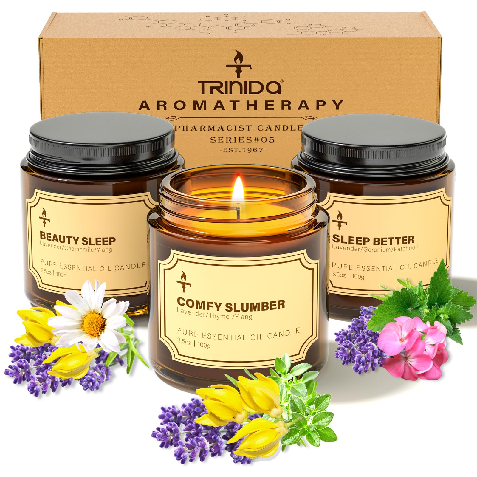 TRINIDa Sleep Candles Gifts for Women & Men, 3 Pack 3.5 oz Perfect Relaxation Candles Gifts for Women, Lavender Candle Long Burning for 90-105 Hrs, Aromatherapy Candle for Anxiety and Stress Relief [Energy Class A++]