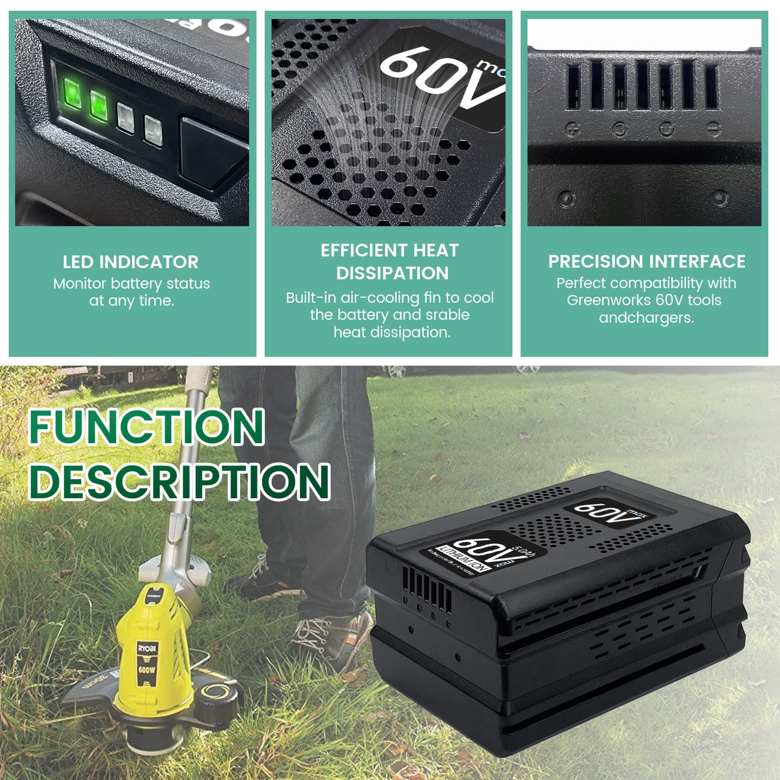 Batteria ultra potente da 60 V 5,0 AH compatibile con Greenworks Max 60 V batteria per B60A03 LB60A02 LB60A00 75 utensili prestazioni massime 60 Volt batterie per utensili elettrici senza