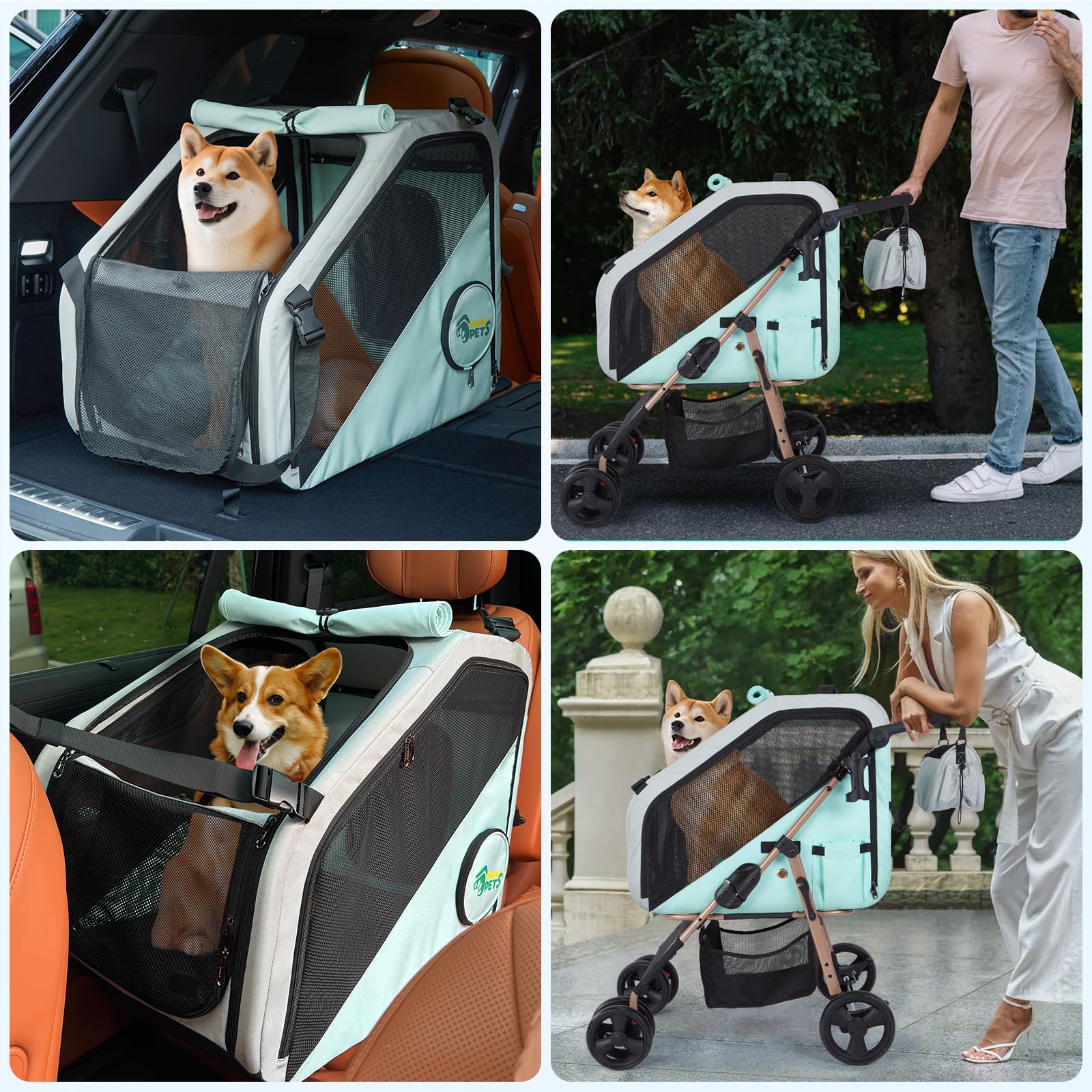 Ownpets Hundebuggy für mittelgroße Hunde Blau, 3-in-1 Hundewagen für mittelgroße Hunde bis 30kg, Sekundenfaltung & 360° Drehräder, verstellbarer Griff, Stoßdämpfung & abnehmbare Autotransportbox