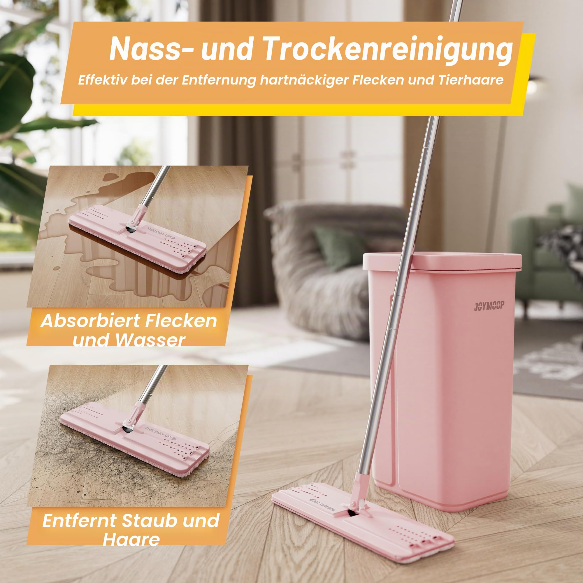 JOYMOOP Wischmopp und Eimer mit Auswringer-Set, freihändiger Flacher Bodenwischer und Eimer, 152,4 cm Wischmopp mit 3 wiederverwendbaren Mikrofaser-Pads, Nass- und Trockengebrauch