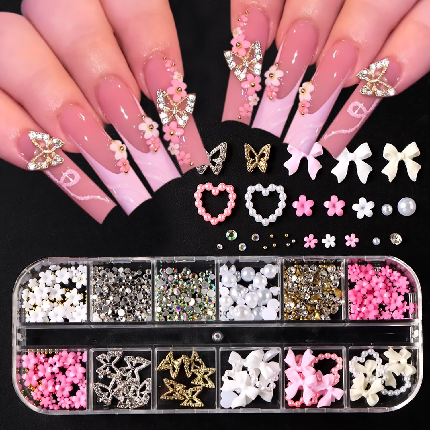 12 Grids 3D Nail Charms and Flatback Pearls Rhinestones Set White Pink Bow Flowers Heart Pearls Charms for Acrylic Nails Gold Silver Butterfly Nail Jewels Gem for Women DIY Manicure Decorations