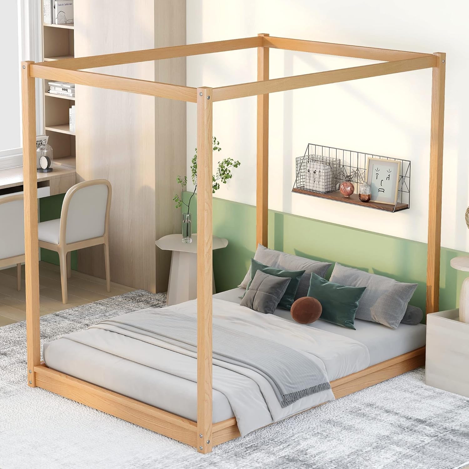 Merax Full Size Wood Canopy Bed Frame with 2 Sturdy Posters, Classic Design Canopy Floor Bed/No Box Spring Needed Nutural