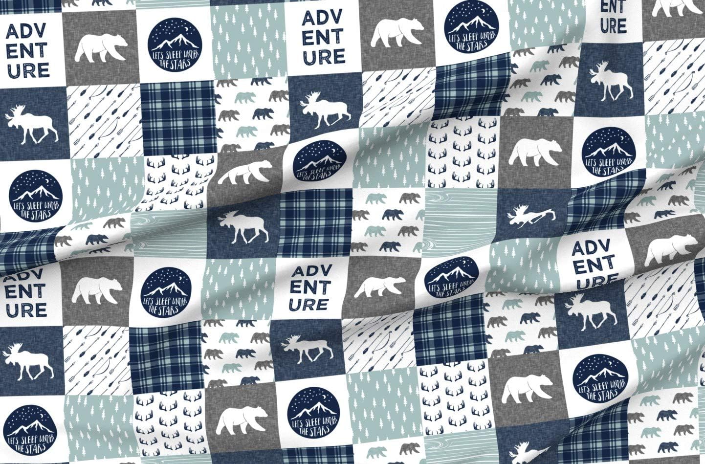 Spoonflower Fabric - Happy Camper Bear Moose Antlers Dusty Blue Navy Grey Boy Wholecloth Printed on Chiffon Fabric by The Yard - Sewing Fashion Apparel Dresses Home Decor