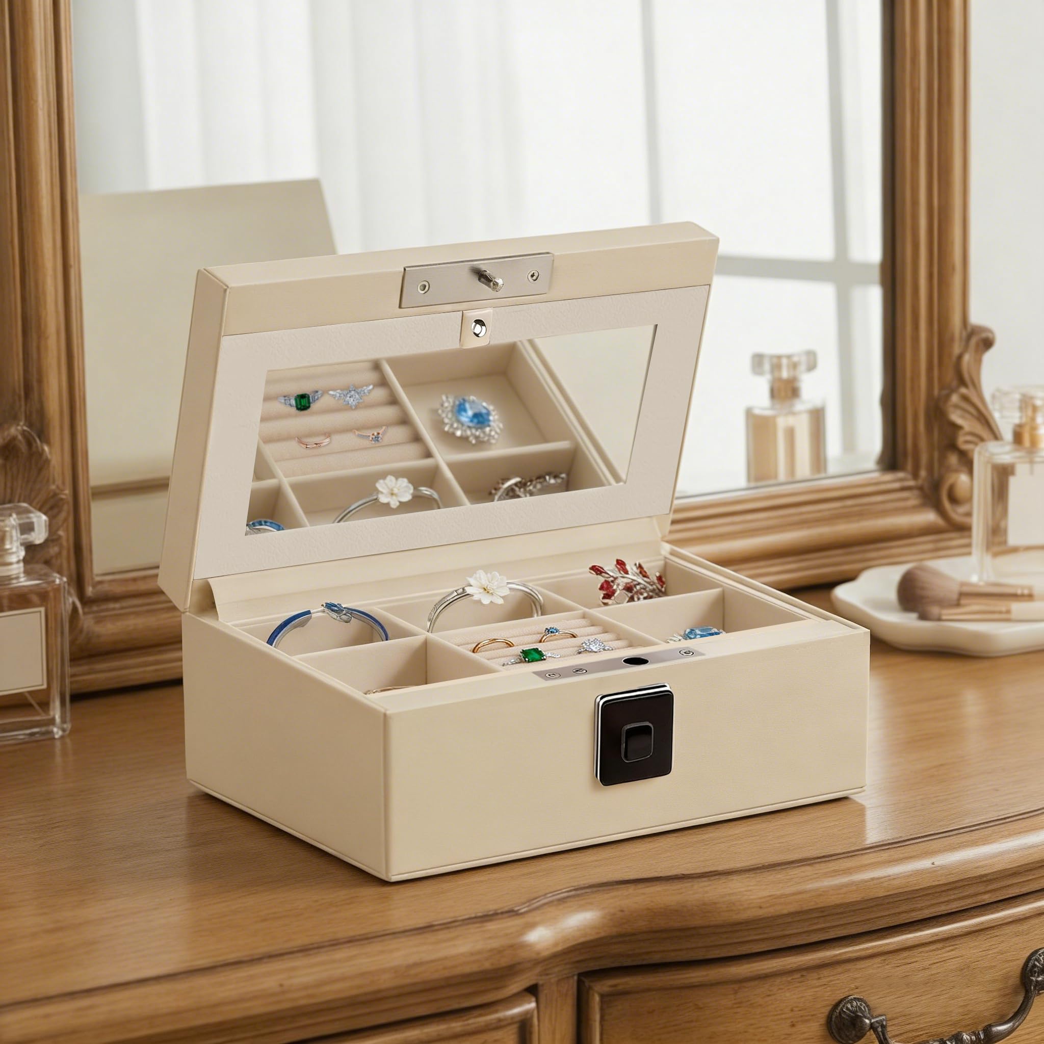 VALINIRT Jewellery Box, Leather Wrapped Jewellery Box with Lock & Mirror, Ultra-Lightweight, Biometric Fingerprint Safe Suitable for Home Use & On-the-Go(Three-Tier White)
