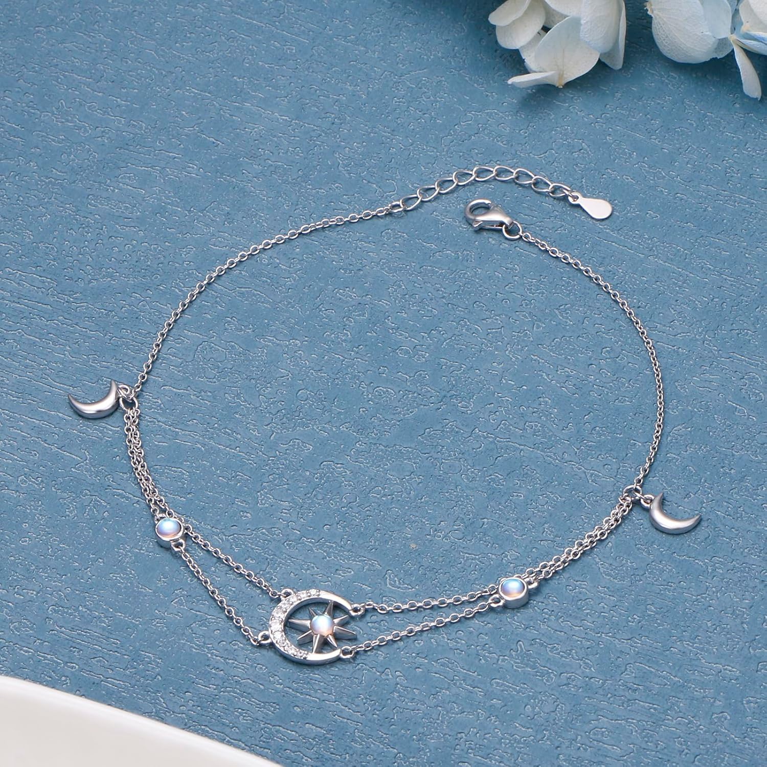 Anklets for Women 925 Sterling Silver Moon Star Adjustable Foot Anklet Moonstone Boho Summer Beach Double Layer Anklets Bracelet Jewelry for Women Birthday Holiday Christmas - Image 2