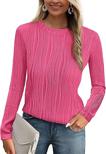 PRETTYGARDEN Long Sleeve Tops for Women 2025 Spring Fall Trendy Business Dressy Casual Shirts Crewneck Textured Blouse