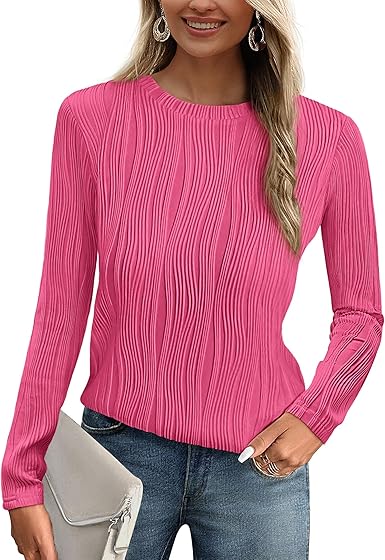 PRETTYGARDEN Long Sleeve Tops for Women 2025 Spring Fall Trendy Business Dressy Casual Shirts Crewneck Textured Blouse