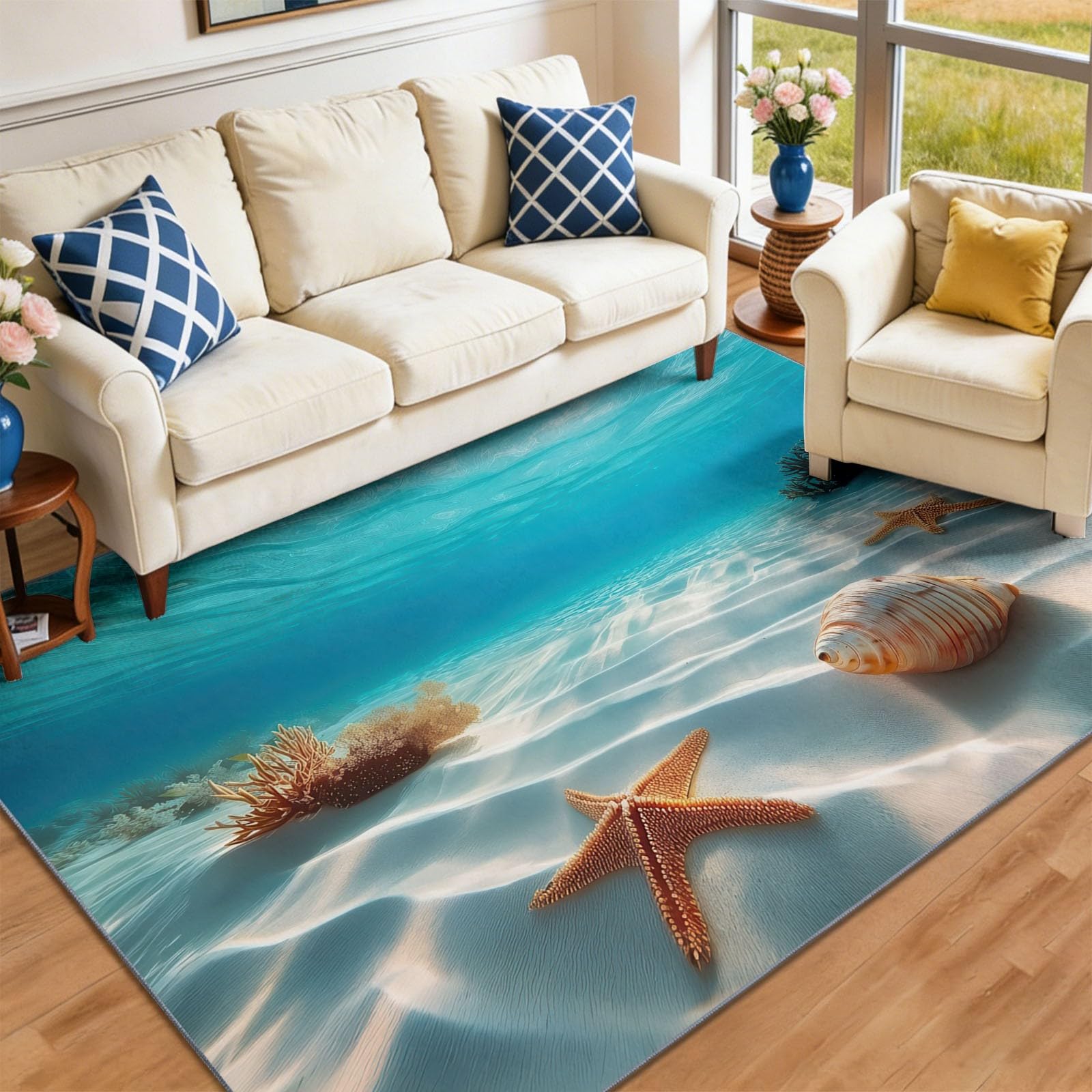 Tapis Poil Ras Antidérapante, Style Décontracté Bleu Et Blanc Lavable Machine Résistante à la Tache Moquette, Monde sous-Marin Plage Étoile De Mer Coquillage Tapis pour Couloir Chambre, 100 x 150 cm