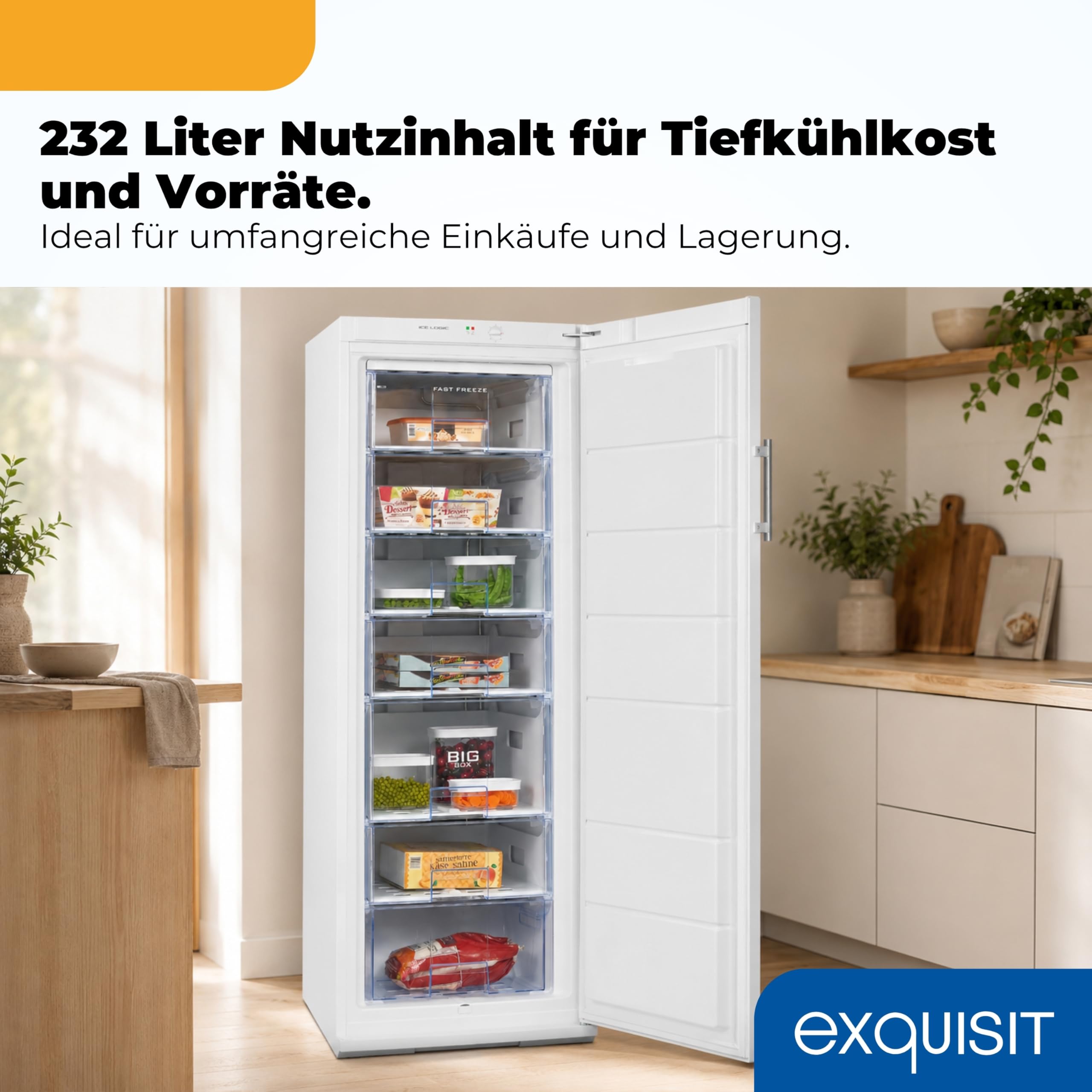 Exquisit GS27-H-280E Gefrierschrank - 232 L Standgerät Tiefkühlschrank | 4-Sterne Gefriergerät mit Bigbox und 6 Schubladen, wechselbarer Türanschlag, Maße 163 x 60 x 65 cm, Energieklasse E
