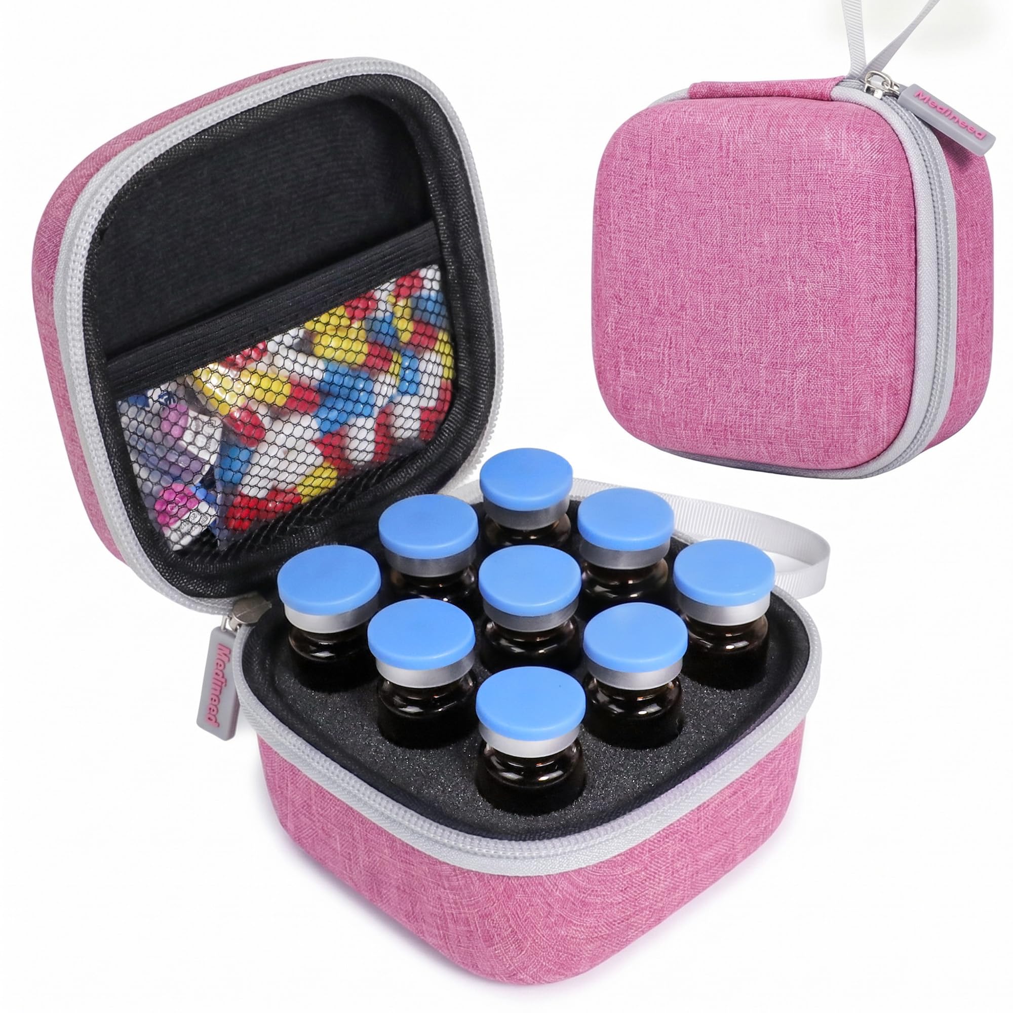9 Slots Peptide Case for Fridge, Insulin Vial Protector Case - Peptide Vial Holder Fits U-100 Vials, Glp-1 Storage, Insulin Vials Case Holder,Organizer Bag for Diabetics Daily Use and Trips（Pink）