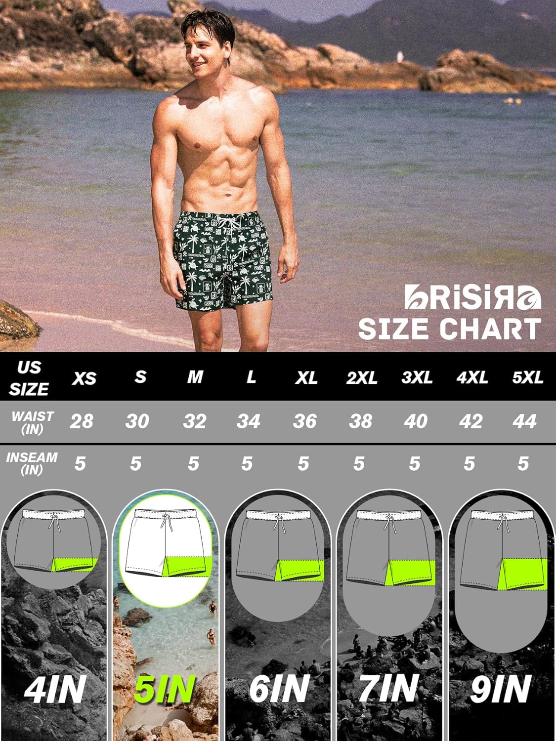 BRISIRA Mens Swim Trunks 5 Inch Compression Liner Beach Swim Shorts Bathing Suit Quick Dry 4-Way Stretch Pockets - Image 6